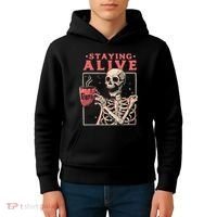 Staying Alive Coffee Lovers Funny Skeleton Funny Skull Skeleton Lovers Kids Hoodie thumb 4