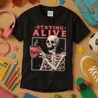 Staying Alive Coffee Lovers Funny Skeleton Funny Skull Skeleton Lovers Kids T-Shirt thumb 3
