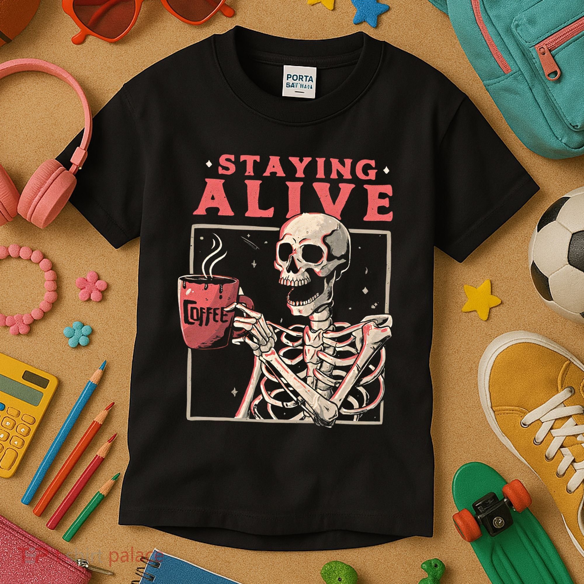 Staying Alive Coffee Lovers Funny Skeleton Funny Skull Skeleton Lovers Kids T-Shirt