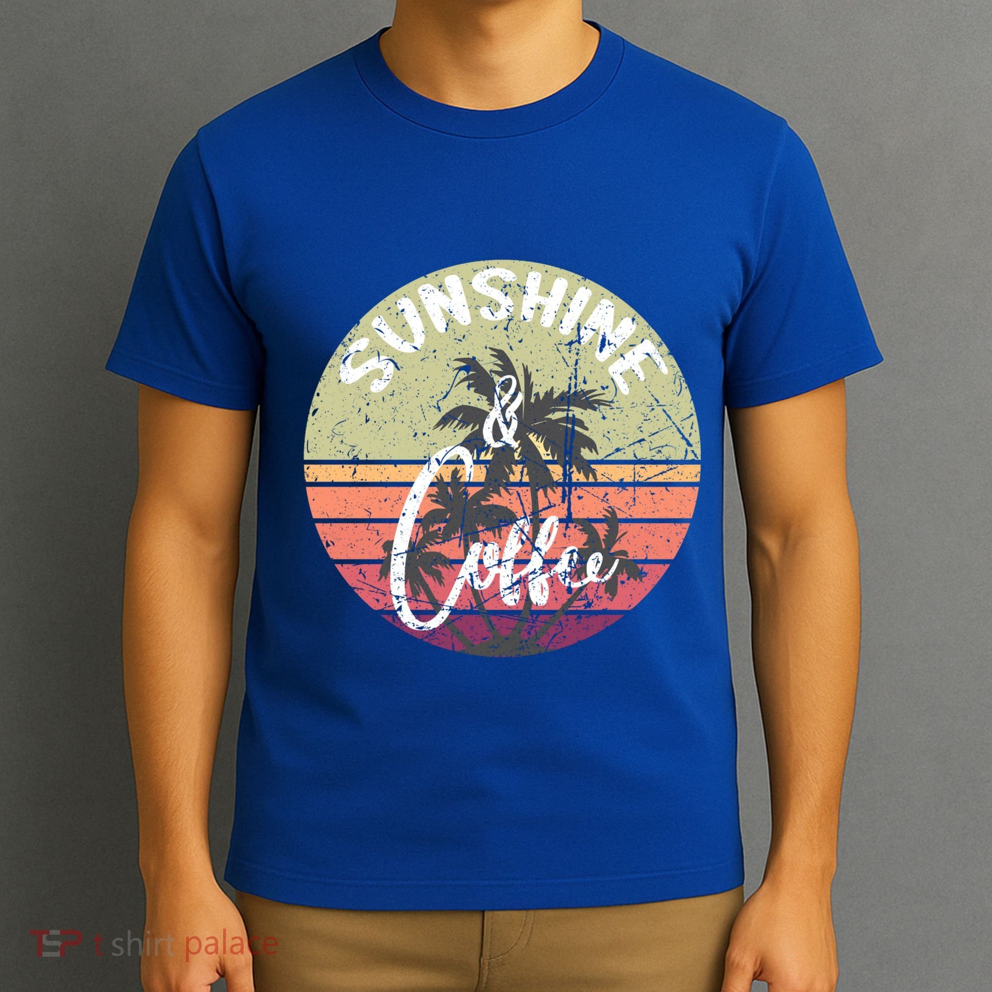Sunshine And Coffee Funny Retro Vintage Sunset Palm Trees Gift T-Shirt