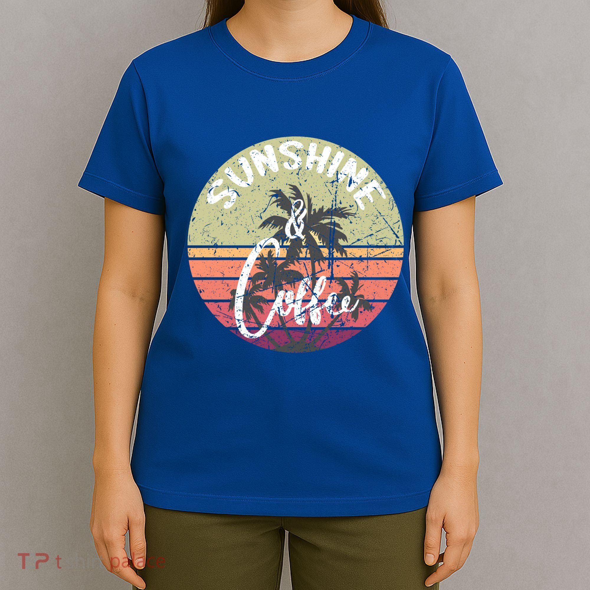 Sunshine And Coffee Funny Retro Vintage Sunset Palm Trees Gift T-Shirt