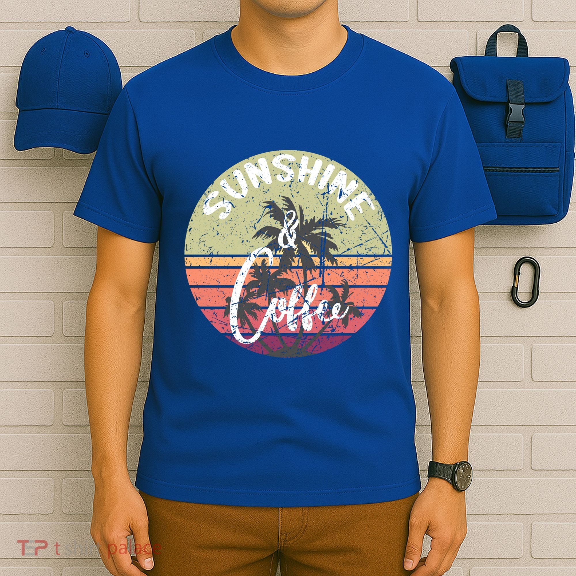 Sunshine And Coffee Funny Retro Vintage Sunset Palm Trees Gift T-Shirt