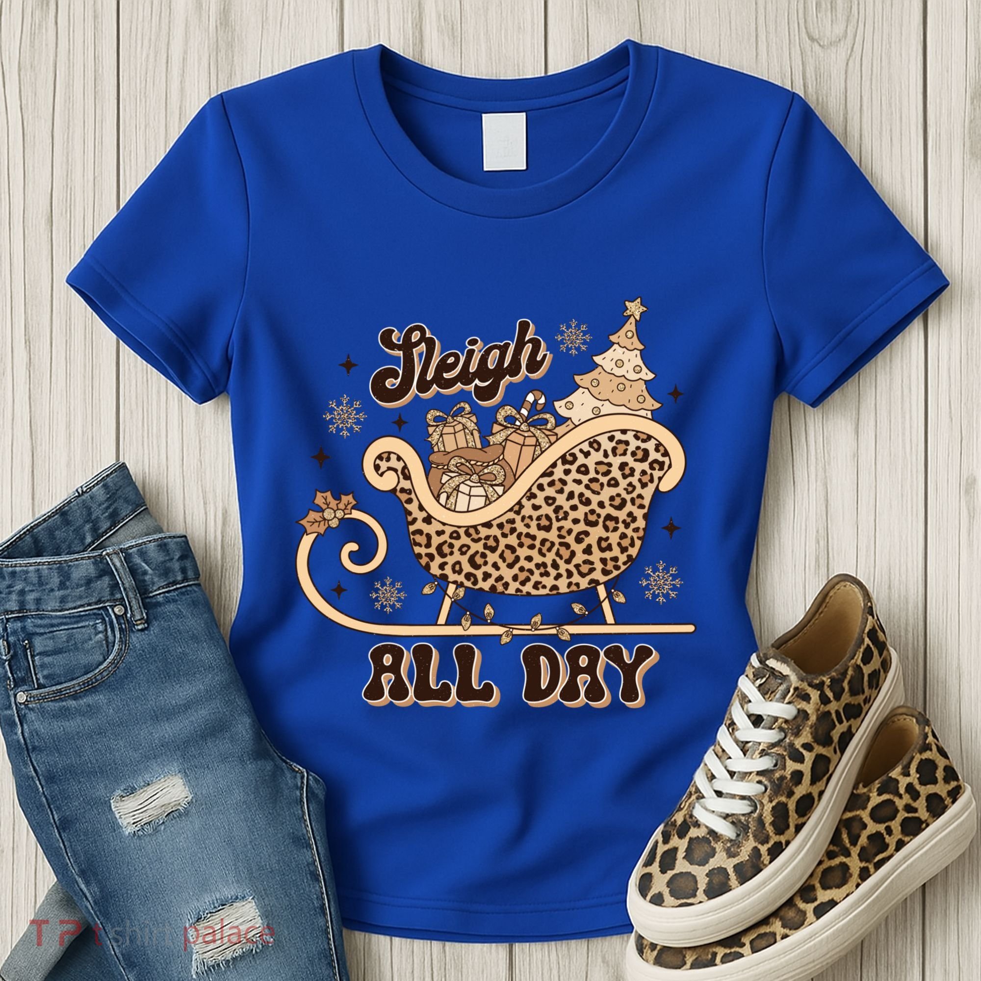 Sleigh All Day Leopard Christmas Tree Snowflake Holiday Xmas Cool Gift Women's T-Shirt
