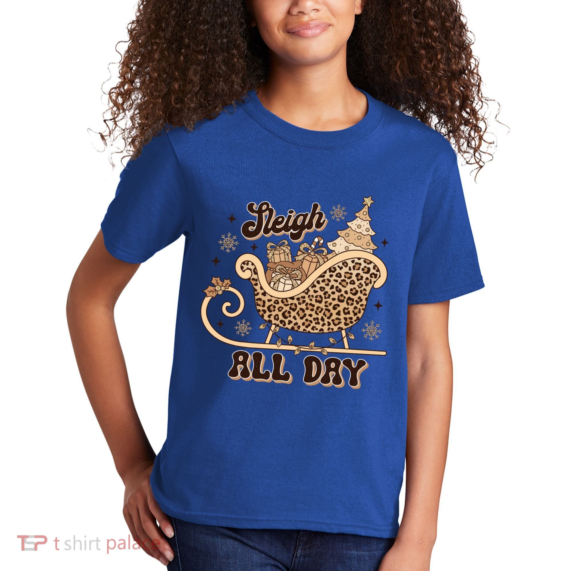 Sleigh All Day Leopard Christmas Tree Snowflake Holiday Xmas Cool Gift Kids T-Shirt