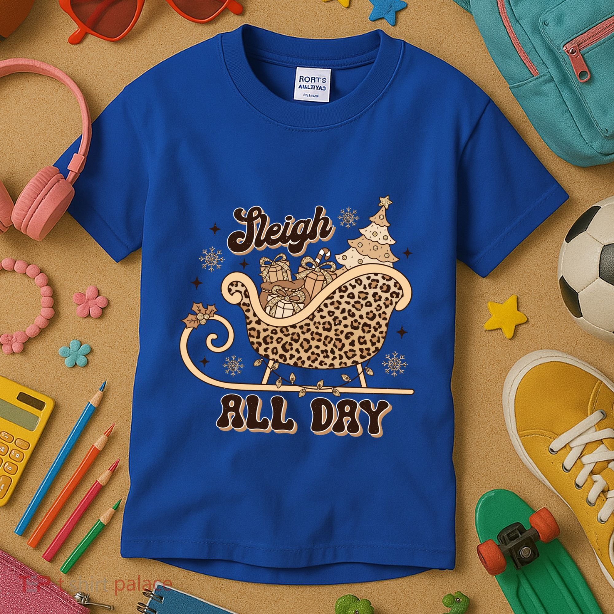 Sleigh All Day Leopard Christmas Tree Snowflake Holiday Xmas Cool Gift Kids T-Shirt