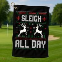 Sleigh All Day Ugly Christmas Sweater Reindeer Holiday Gift Golf Towel thumb 1