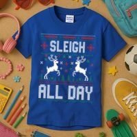 Sleigh All Day Ugly Christmas Sweater Reindeer Holiday Gift Kids T-Shirt thumb 3