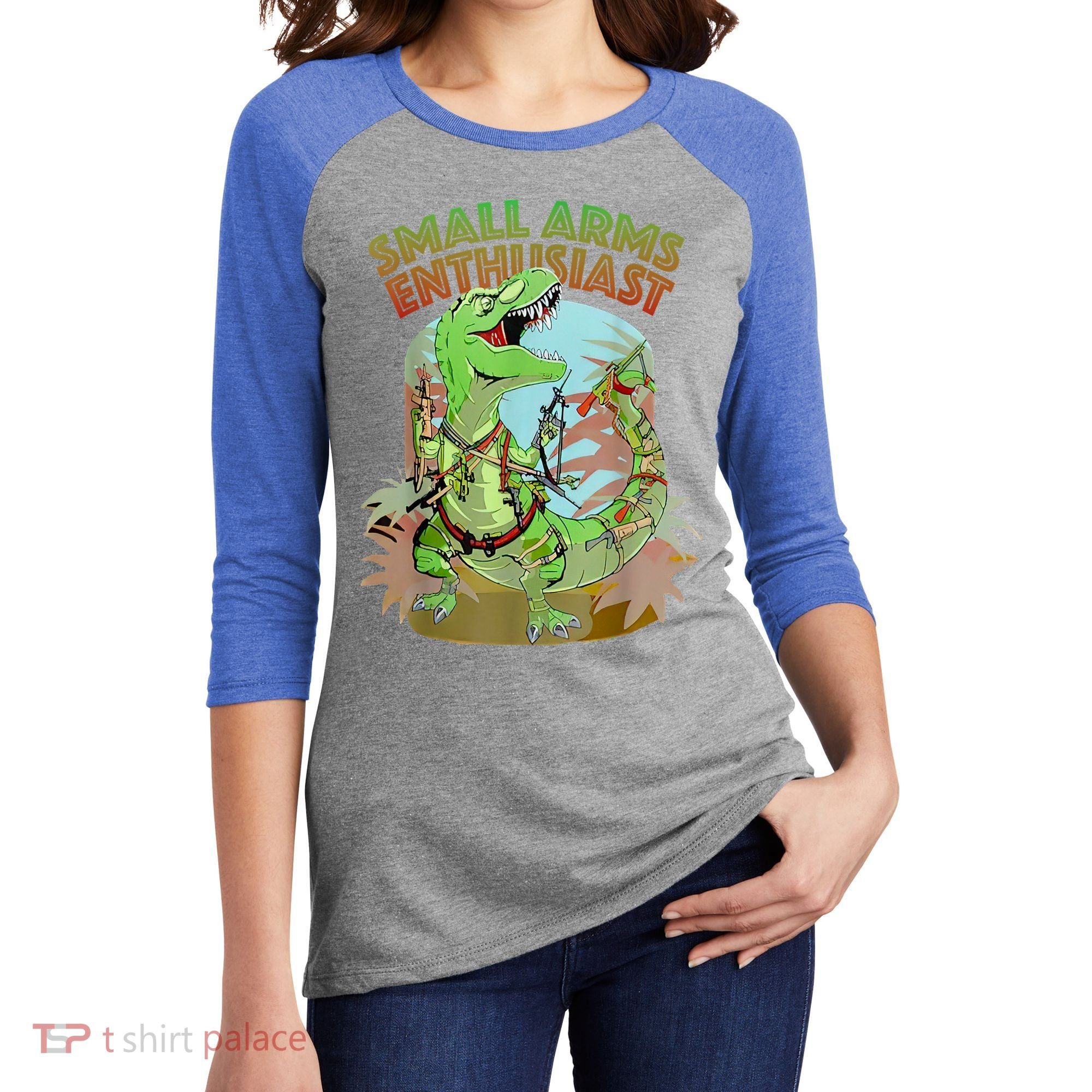 Small Arms Enthusiast Funny Trex Dinosaur Gun Women's Tri-Blend 3/4-Sleeve Raglan Shirt