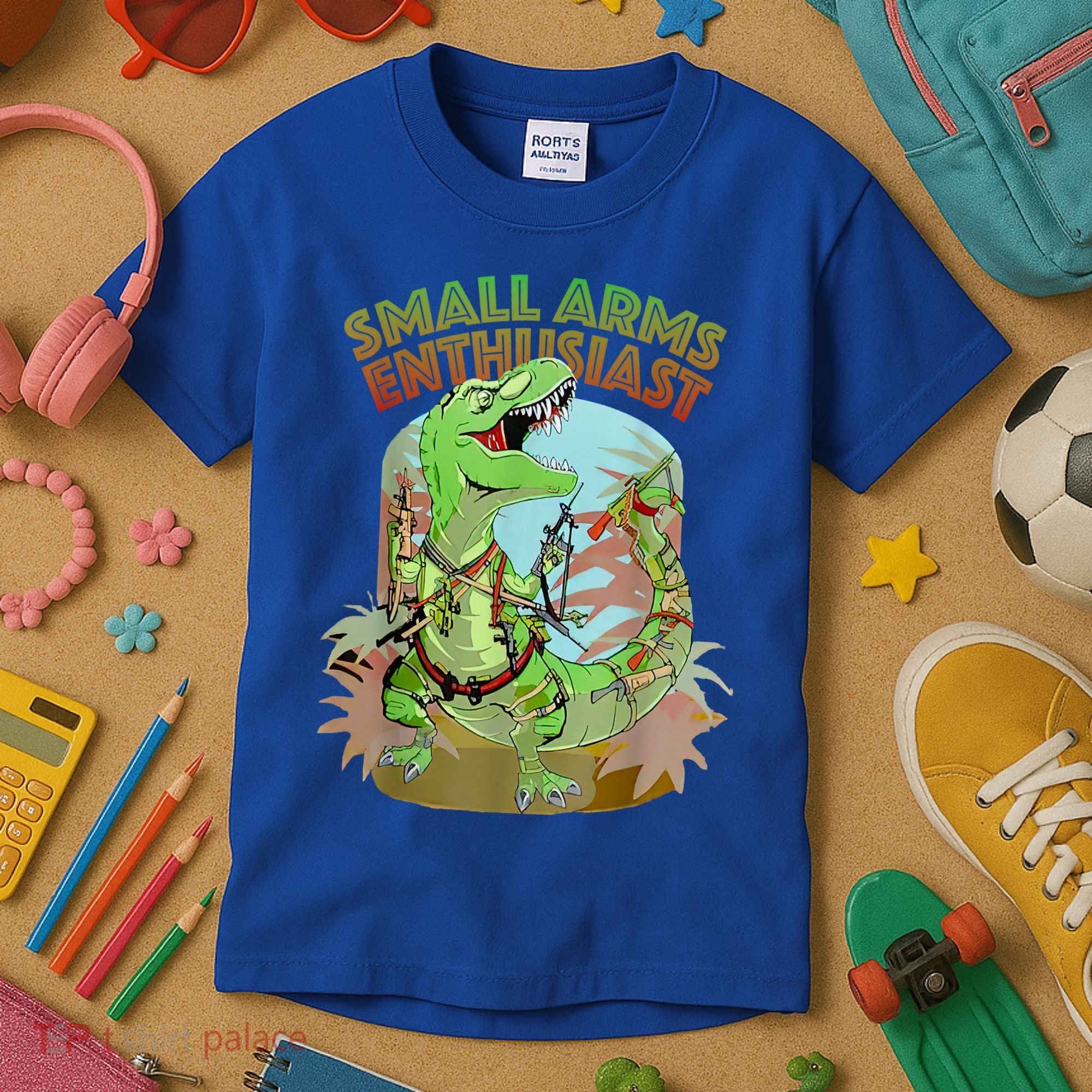Small Arms Enthusiast Funny Trex Dinosaur Gun Kids T-Shirt