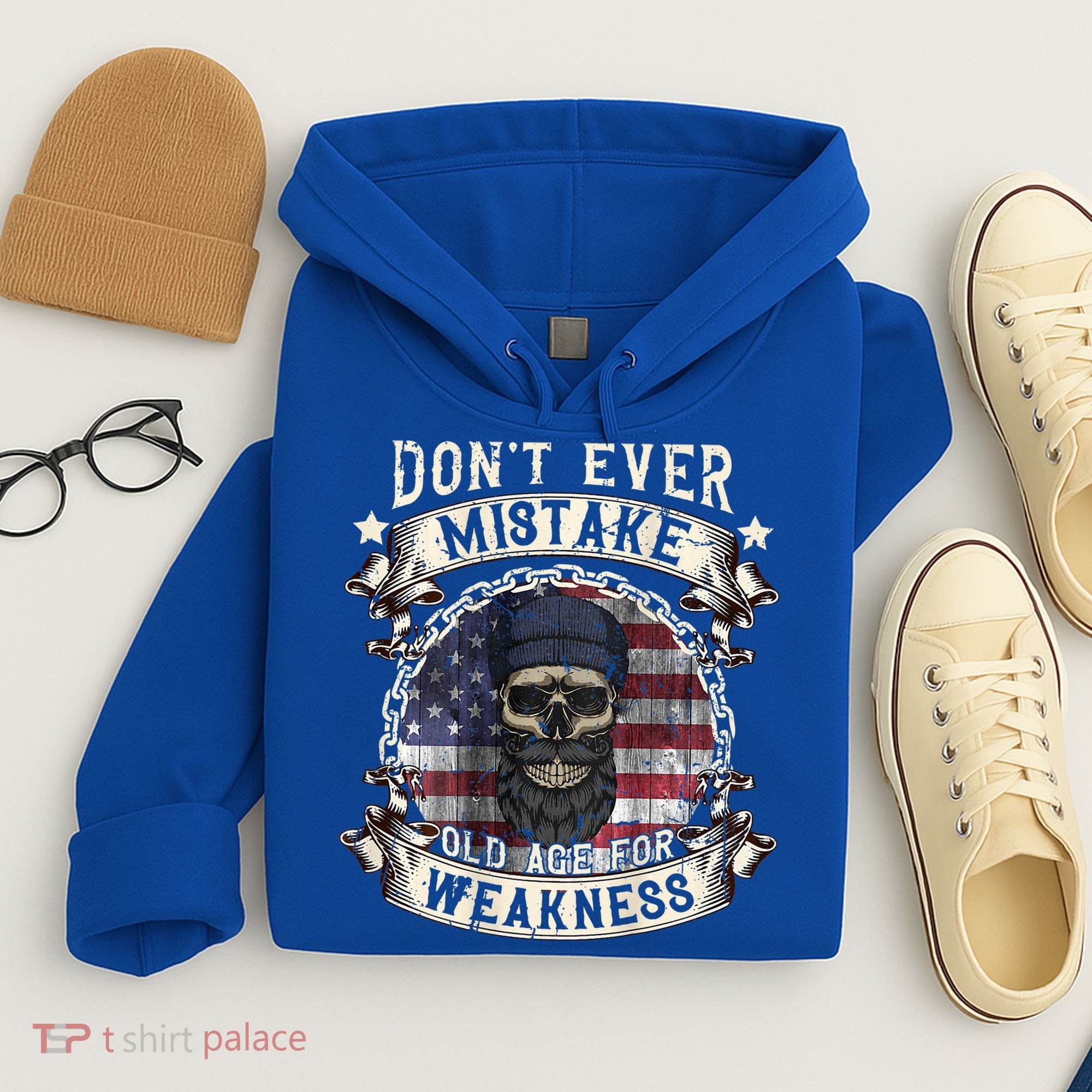Skull American Flag Dont Ever Mistake Old Age For Weakness Hoodie