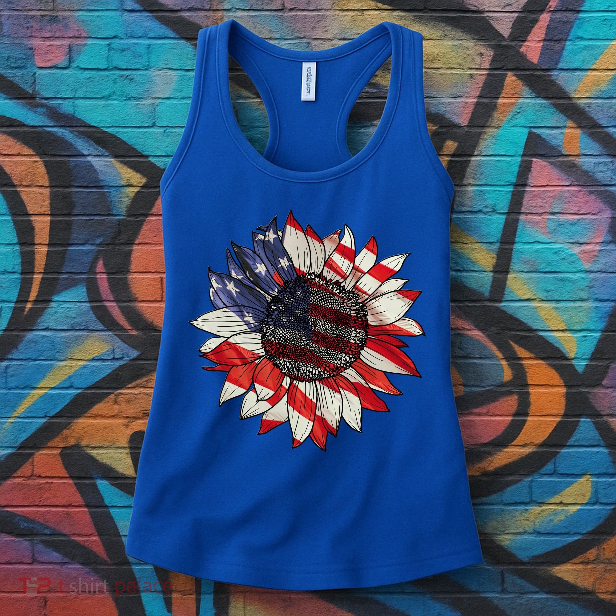 Sunflower American Flag 4th Of July Merica USA Women's Tank Top