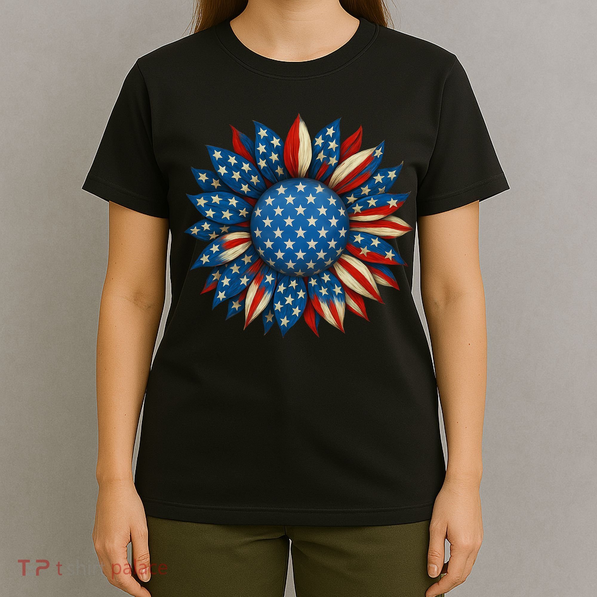 Sunflower American Flag 4th Of July Women Merica USA  T-Shirt