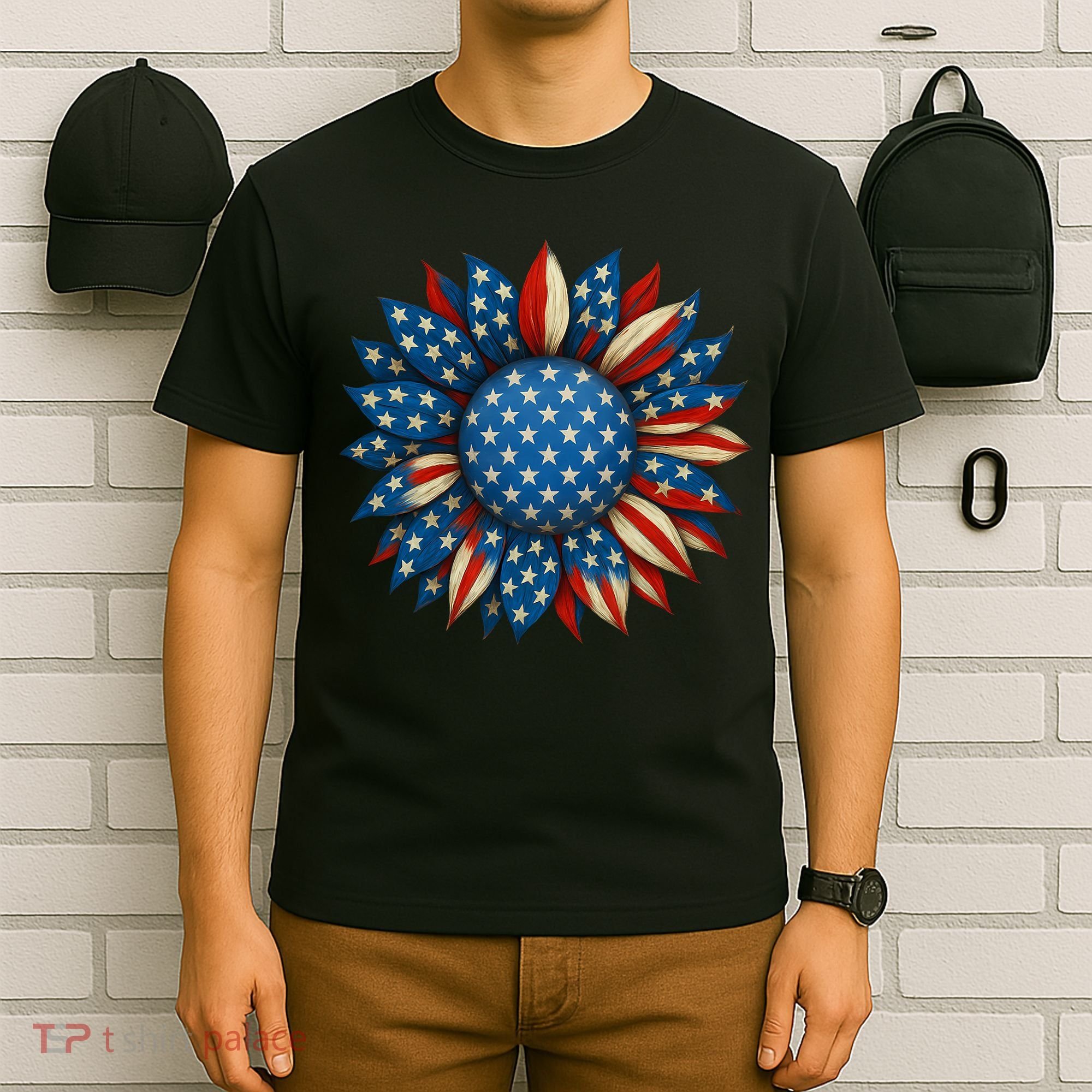Sunflower American Flag 4th Of July Women Merica USA  T-Shirt