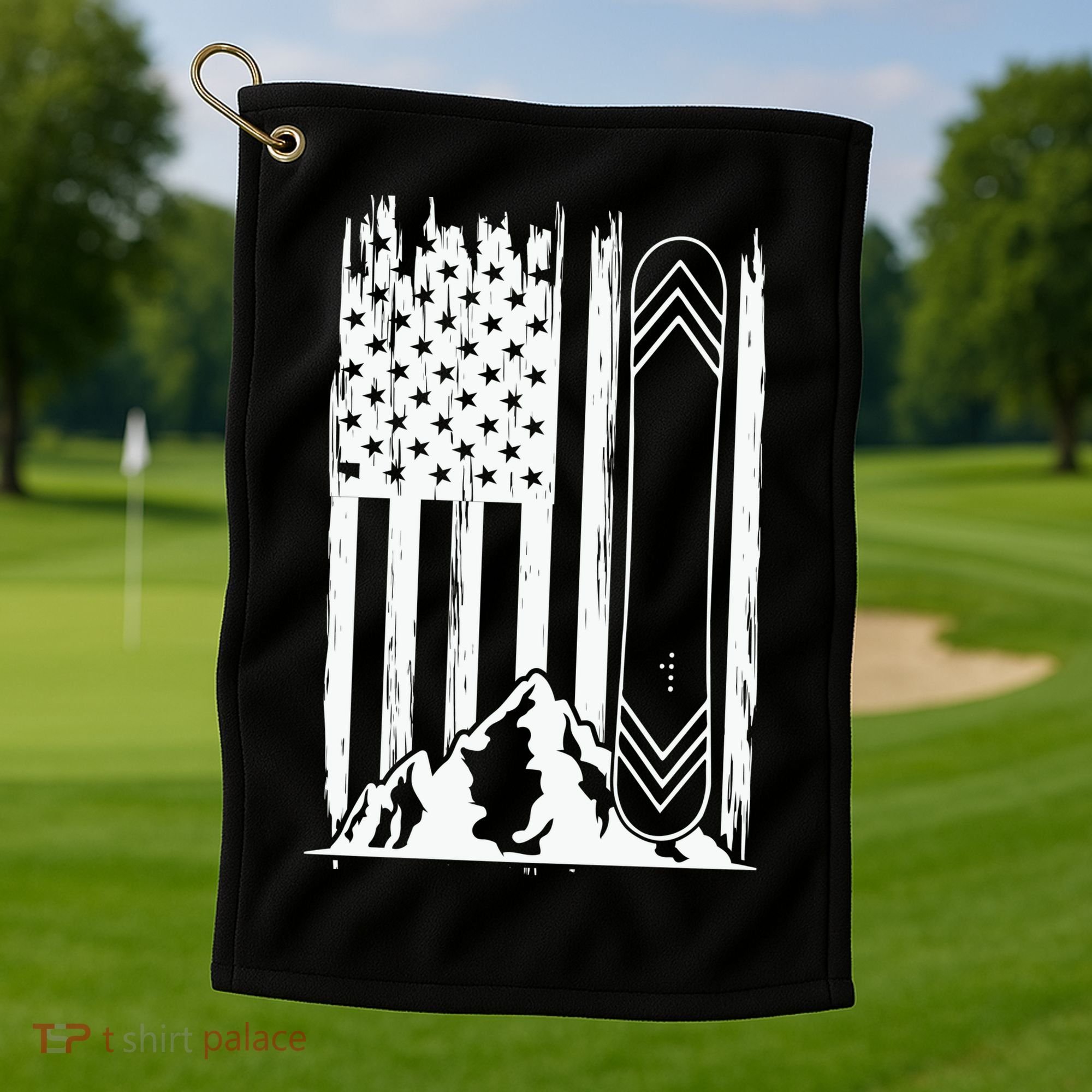 Snowboarding American Flag Golf Towel