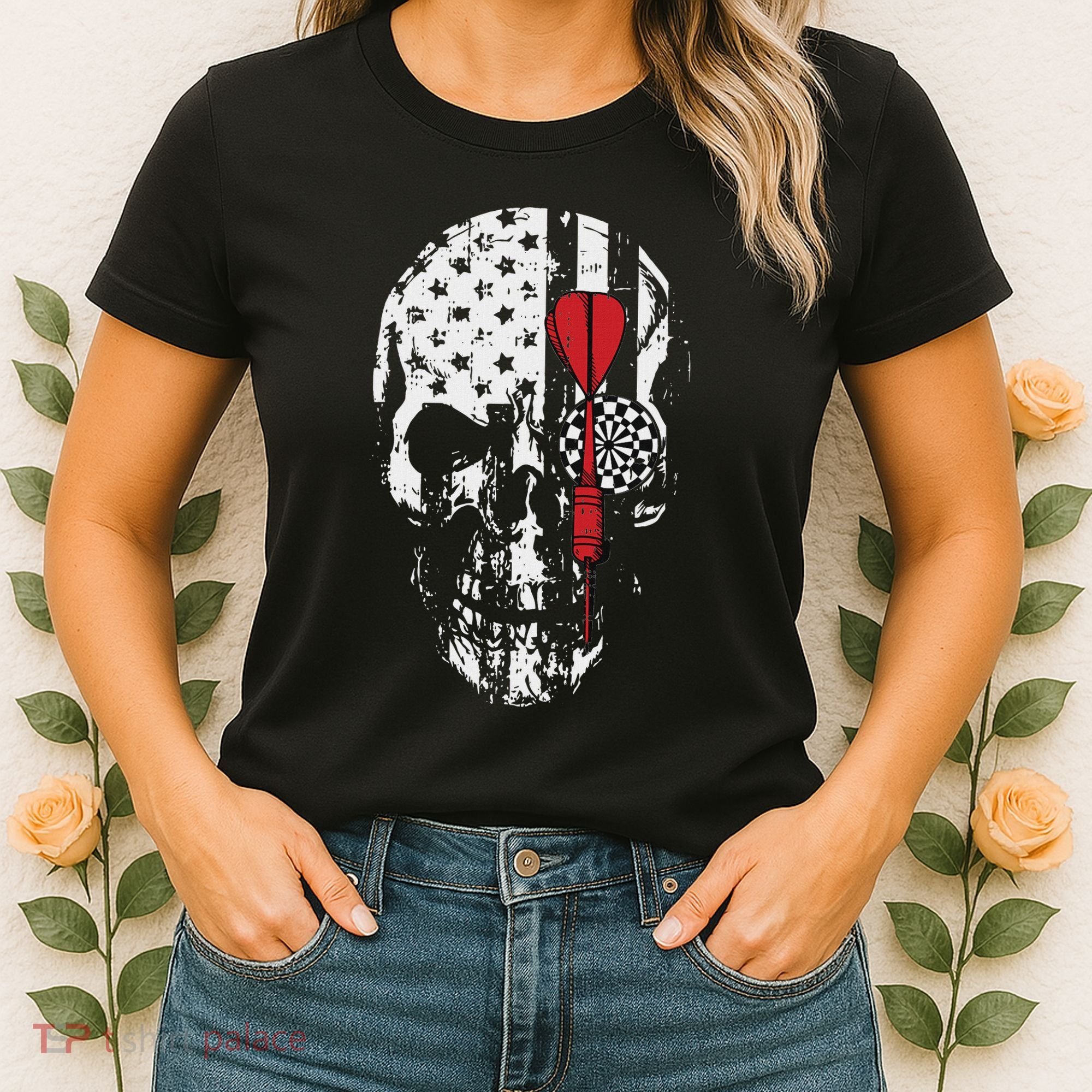 Skull American Flag Darts Board Throwing Sports Player Gift Women's T-Shirt