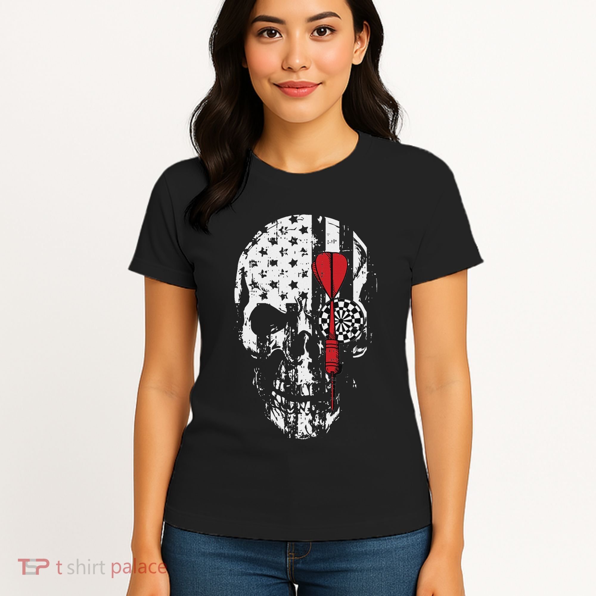Skull American Flag Darts Board Throwing Sports Player Gift Women's T-Shirt