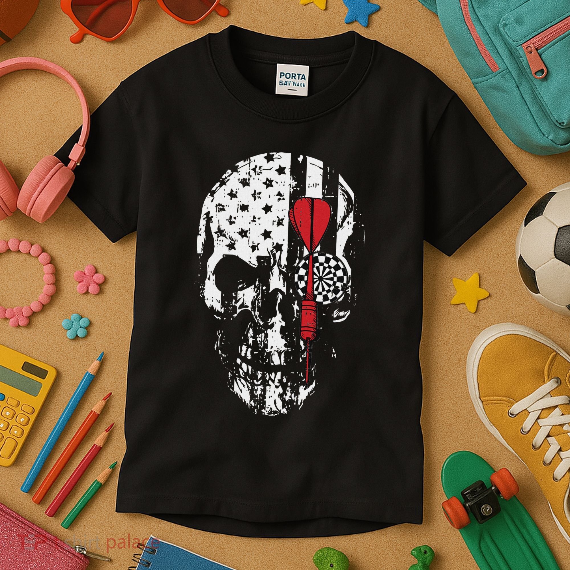 Skull American Flag Darts Board Throwing Sports Player Gift Kids T-Shirt