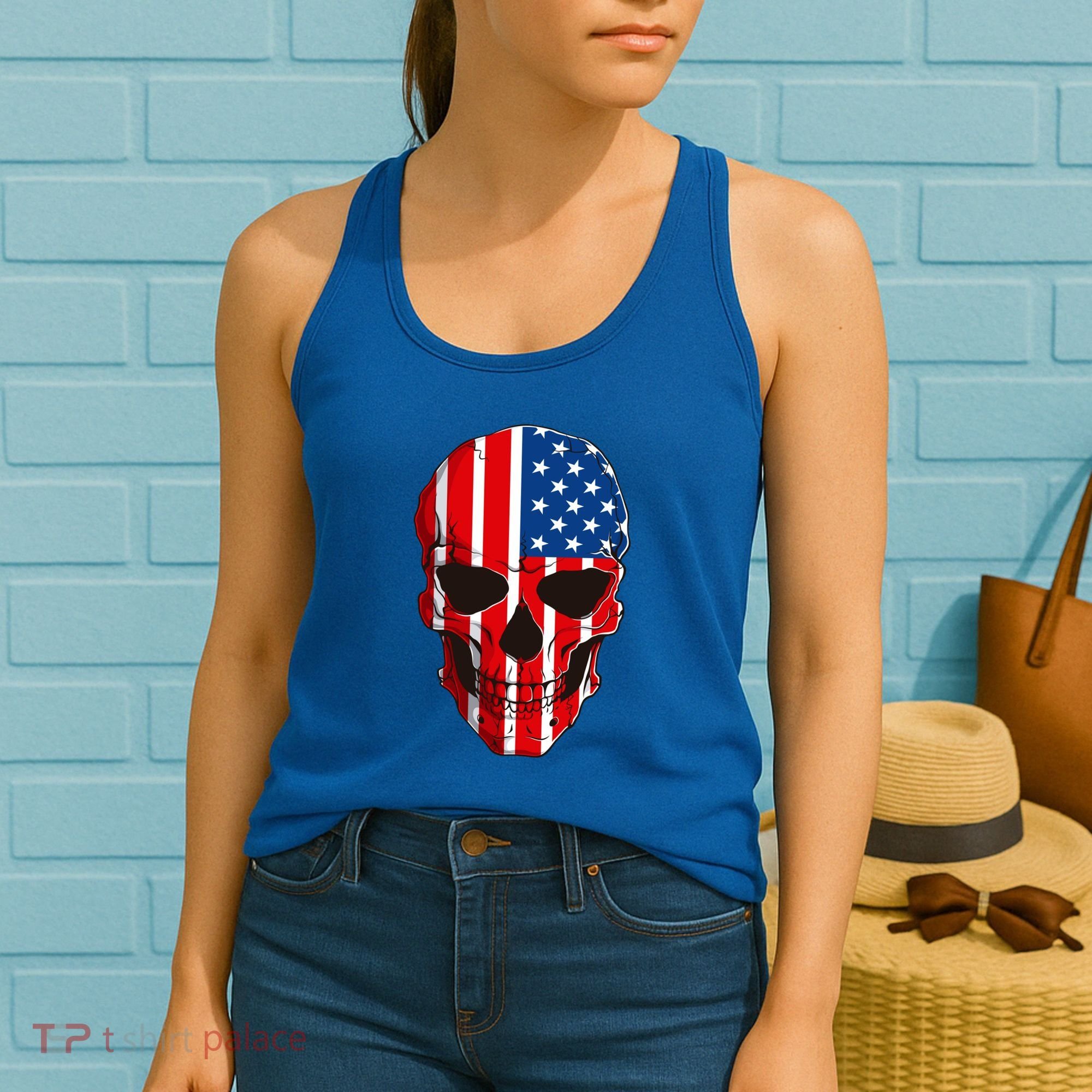 Skull American Flag 4th Of July Usa Patriotic Merica Skull Cool Gift Women's Tank Top