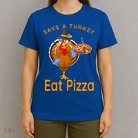 Save A Funny Turkey Pilgrim Eat Pizza Adult Vegan Gift T-Shirt thumb 4