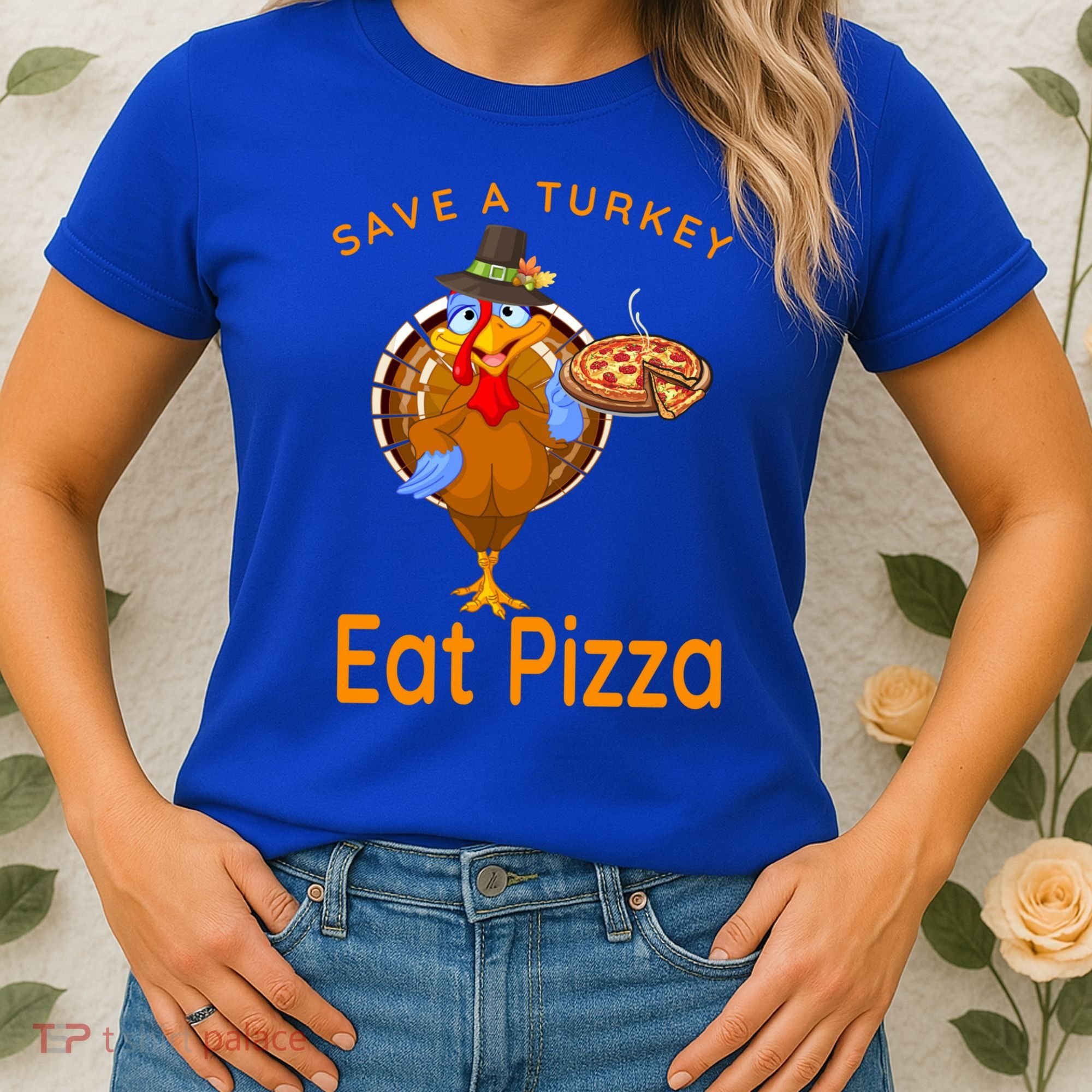 Save A Funny Turkey Pilgrim Eat Pizza Adult Vegan Gift Women's T-Shirt