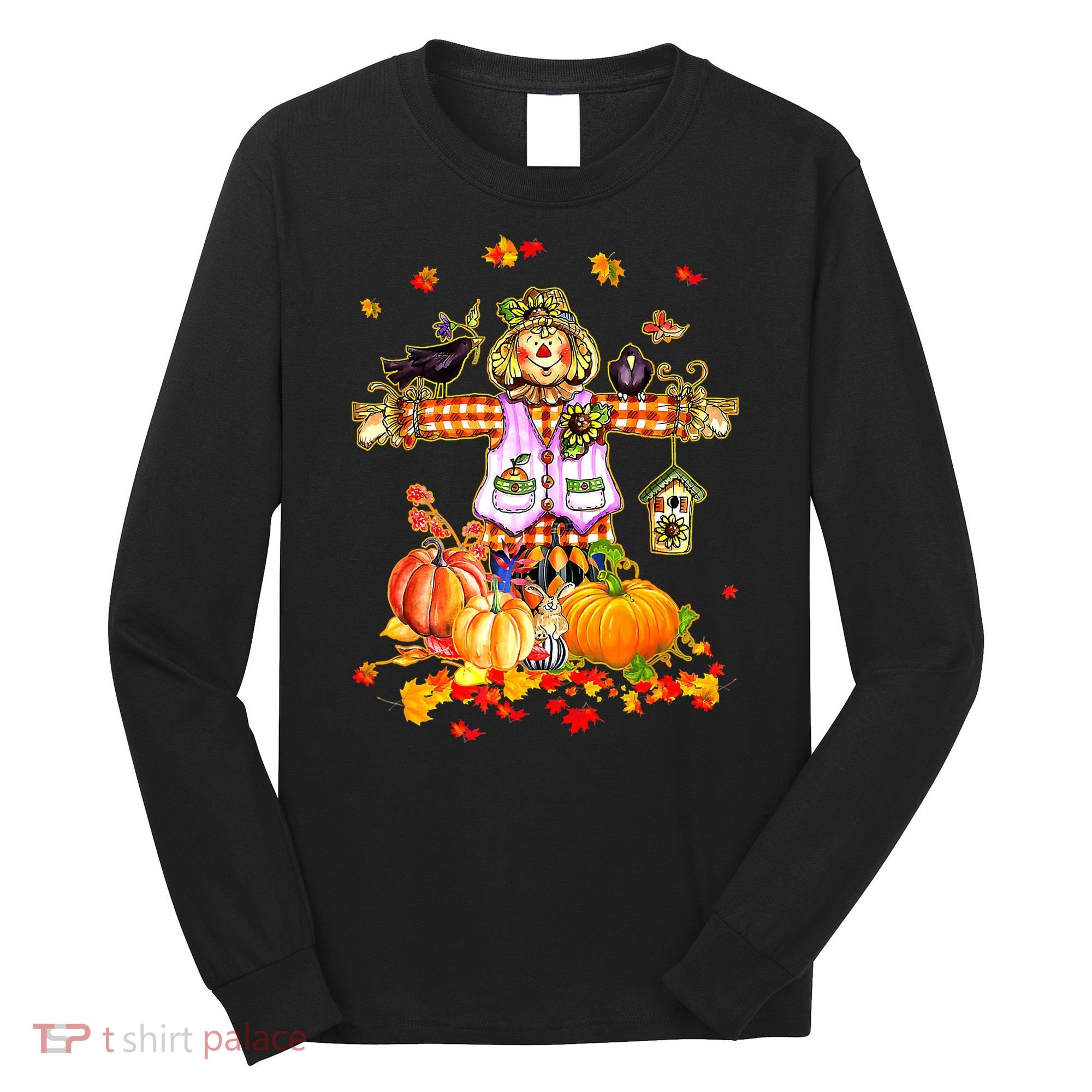 Scarecrow Autumn Hello Fall Pumpkin Thanksgiving Halloween Long Sleeve Shirt