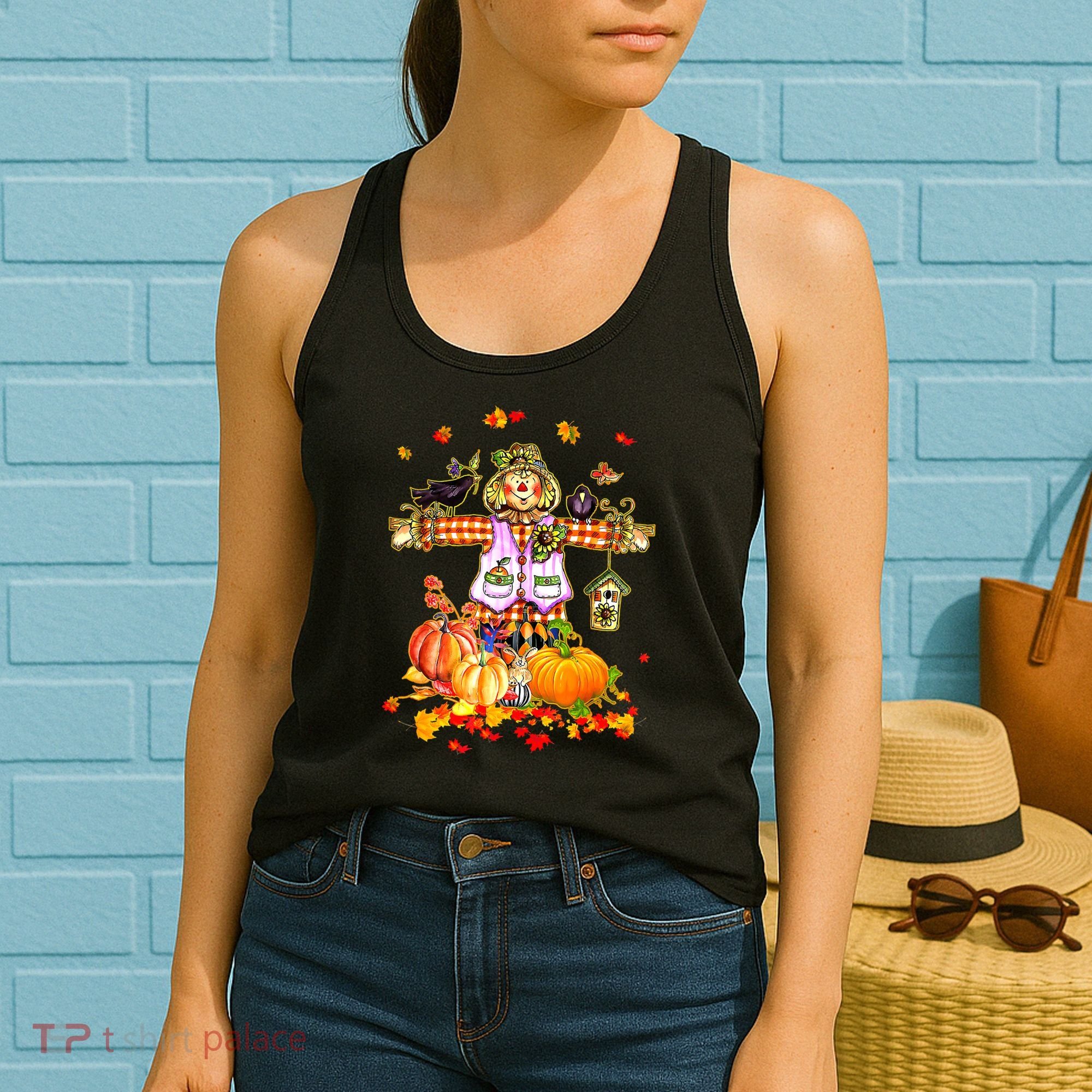 Scarecrow Autumn Hello Fall Pumpkin Thanksgiving Halloween Women's Tank Top