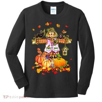 Scarecrow Autumn Hello Fall Pumpkin Thanksgiving Halloween Kids Long Sleeve Shirt