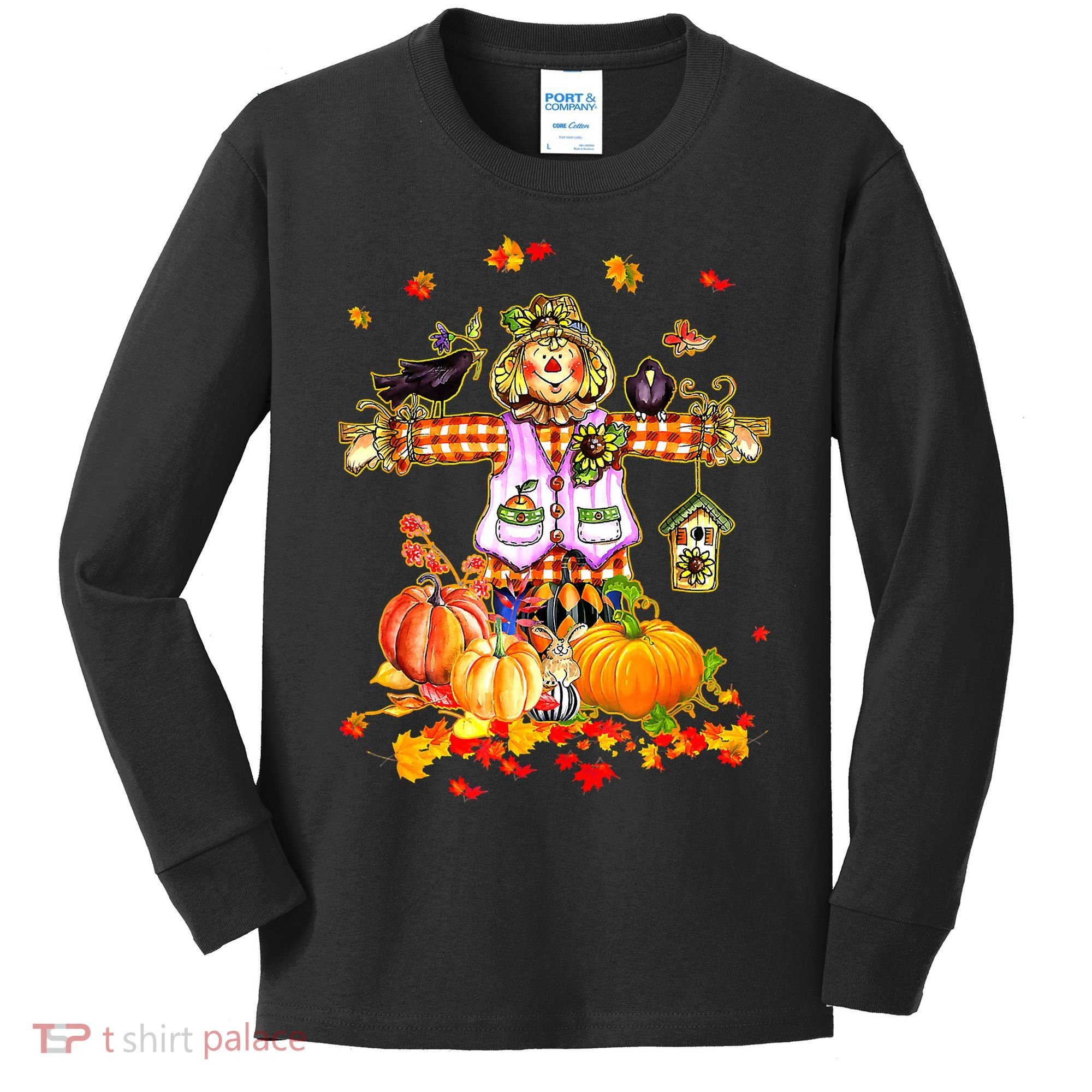 Scarecrow Autumn Hello Fall Pumpkin Thanksgiving Halloween Kids Long Sleeve Shirt