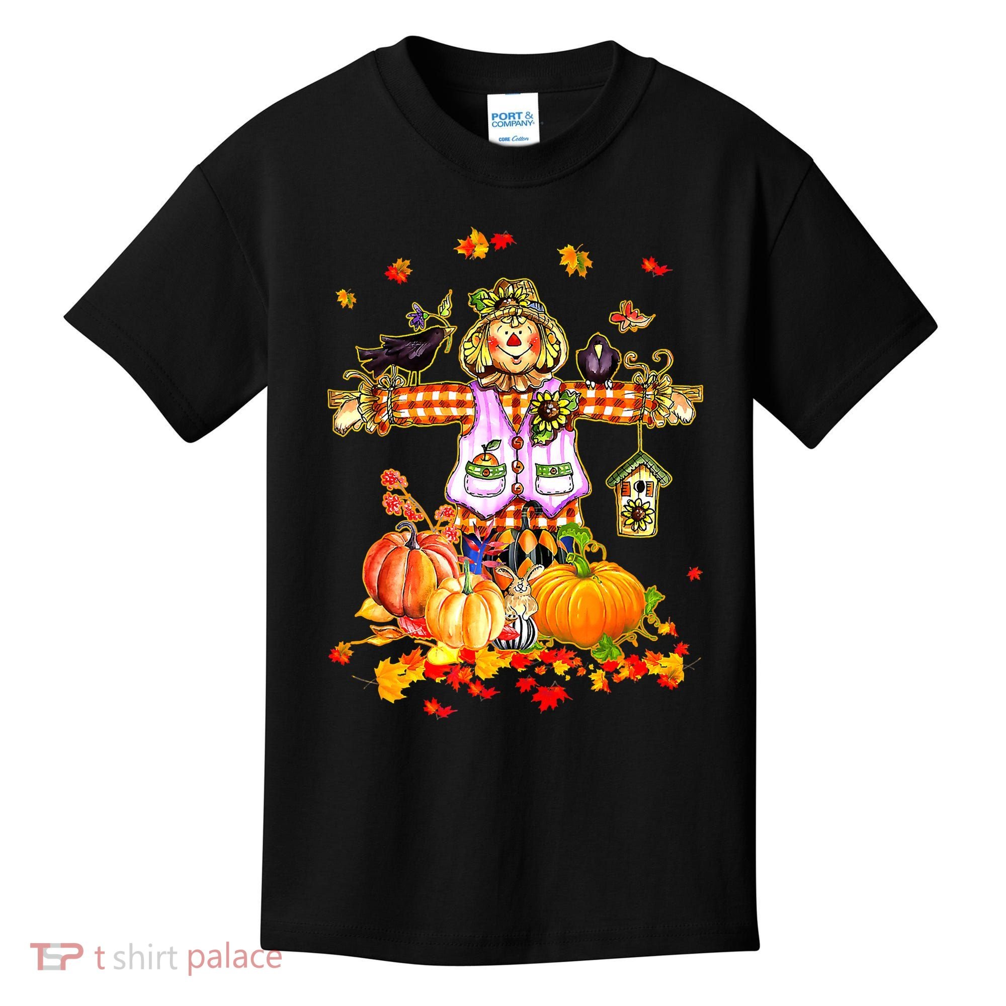 Scarecrow Autumn Hello Fall Pumpkin Thanksgiving Halloween Kids T-Shirt