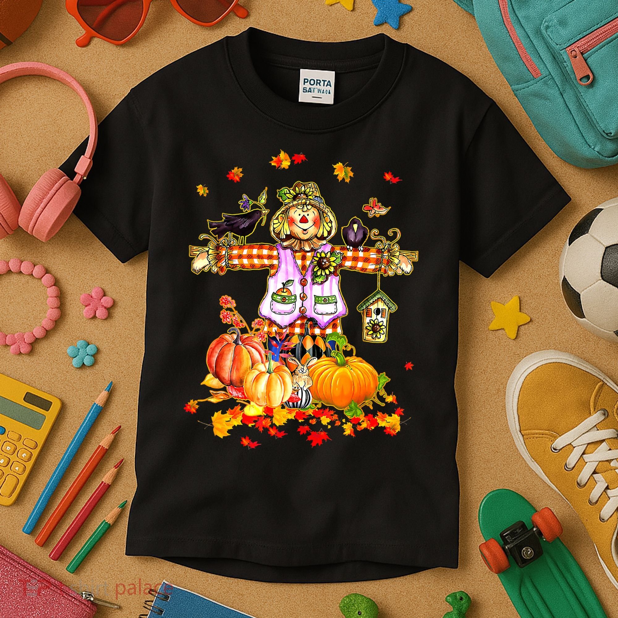Scarecrow Autumn Hello Fall Pumpkin Thanksgiving Halloween Kids T-Shirt