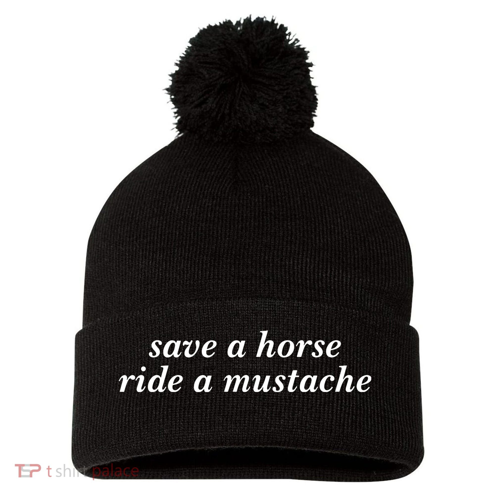 Save A Horse Ride A Mustache Pom Pom 12in Knit Beanie