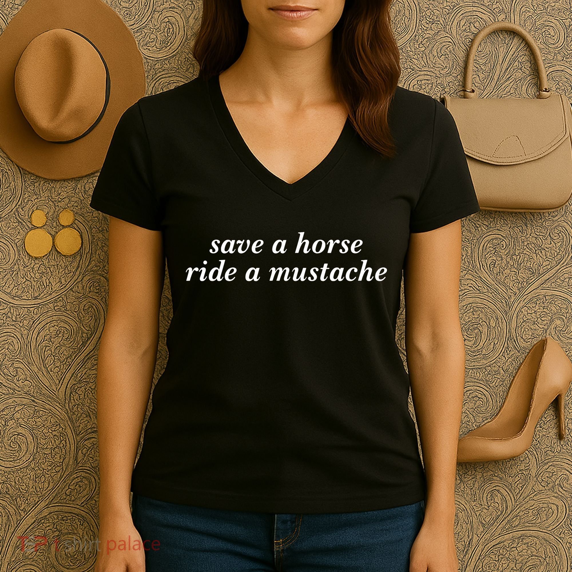 Save A Horse Ride A Mustache Women's V-Neck T-Shirt