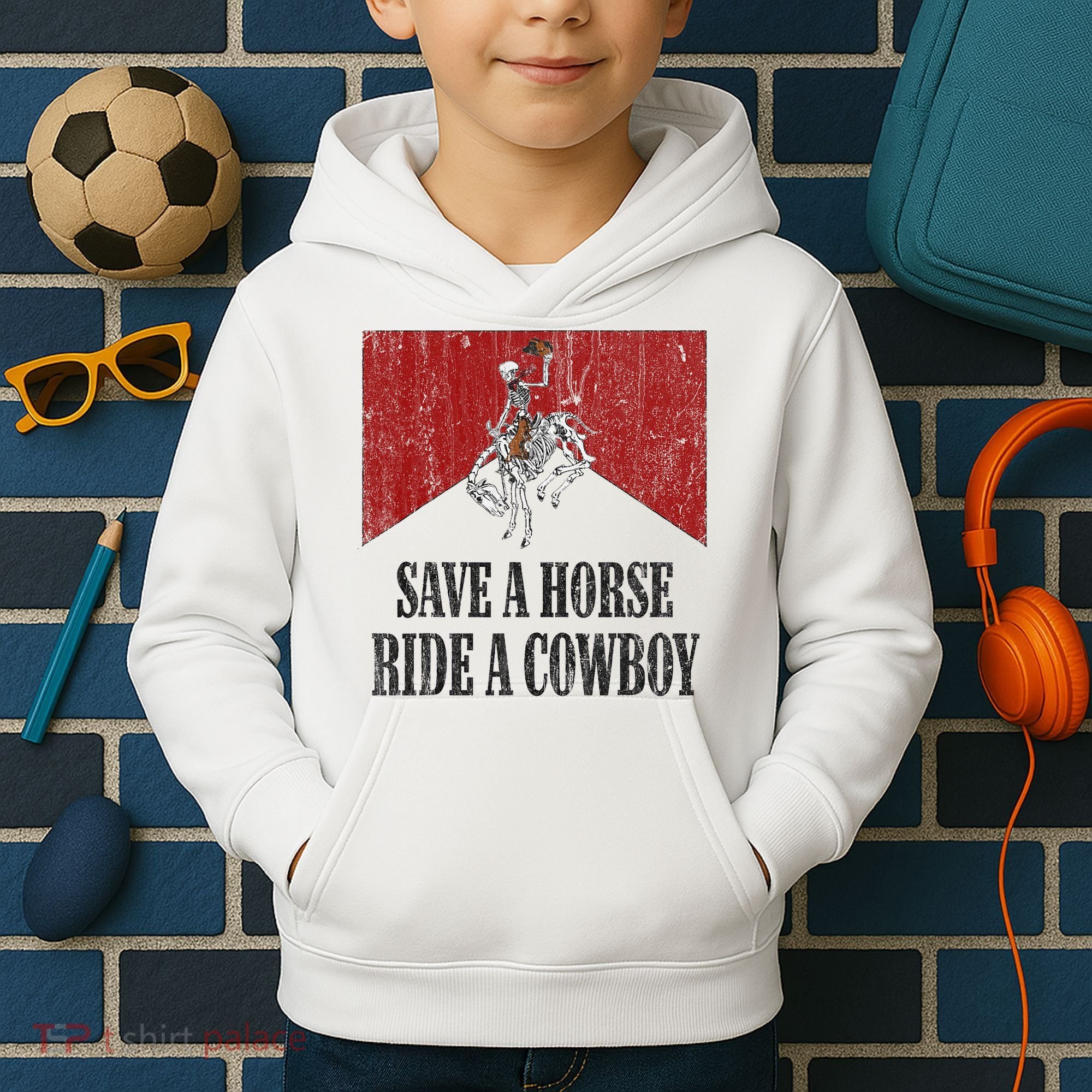 Save A Horse Ride A Cowboy Skeleton Western Country Kids Hoodie