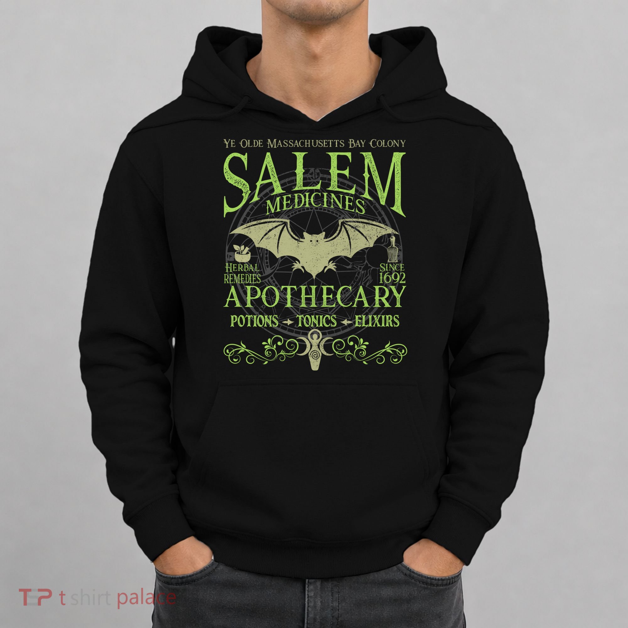 Salem Apothecary Herbalist Witch Wiccan Green Bat Hoodie