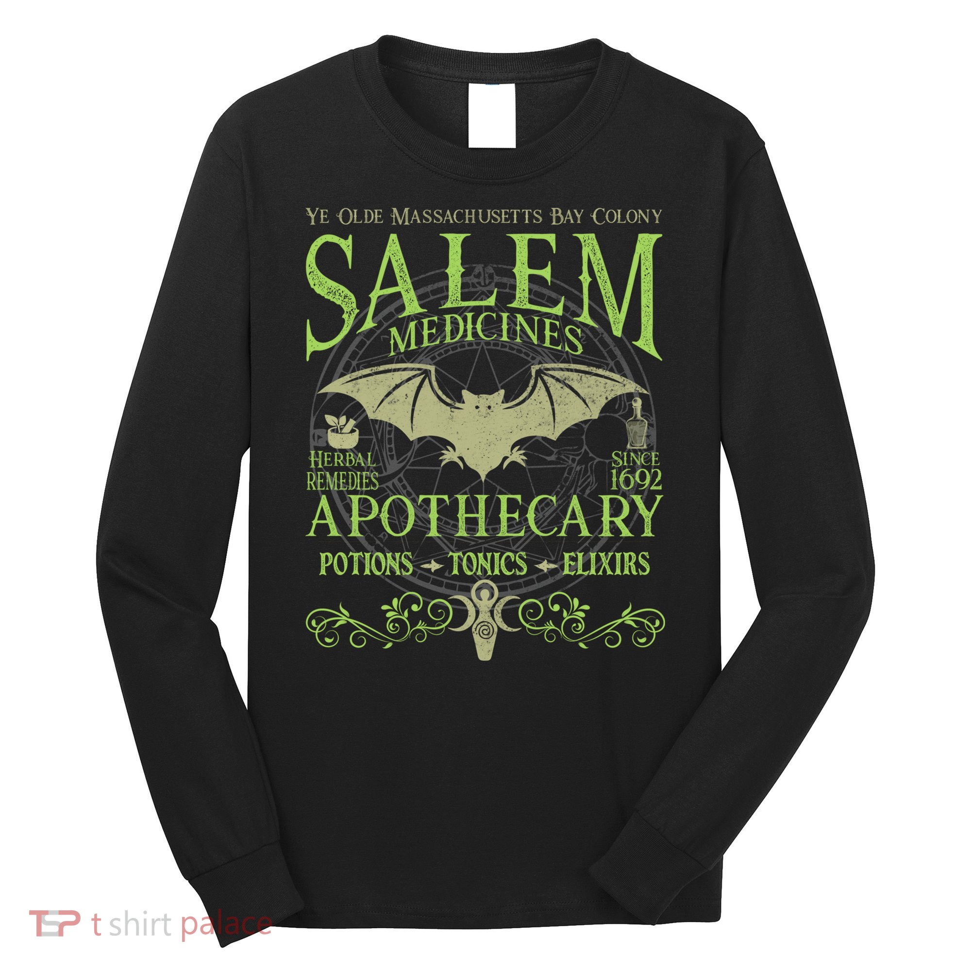 Salem Apothecary Herbalist Witch Wiccan Green Bat Long Sleeve Shirt