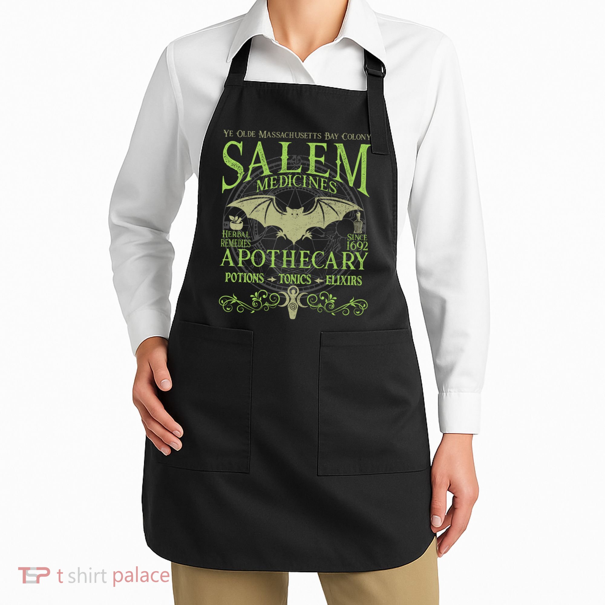 Salem Apothecary Herbalist Witch Wiccan Green Bat Apron