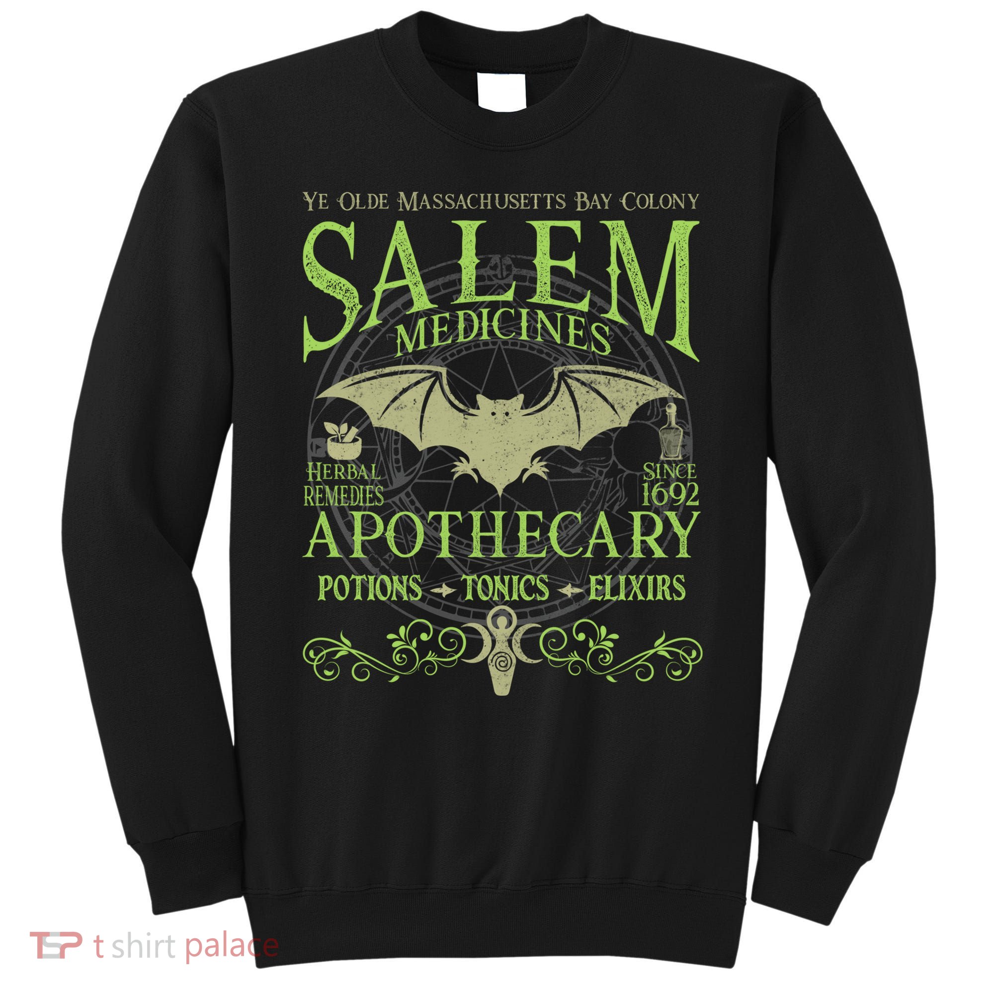 Salem Apothecary Herbalist Witch Wiccan Green Bat Sweatshirt