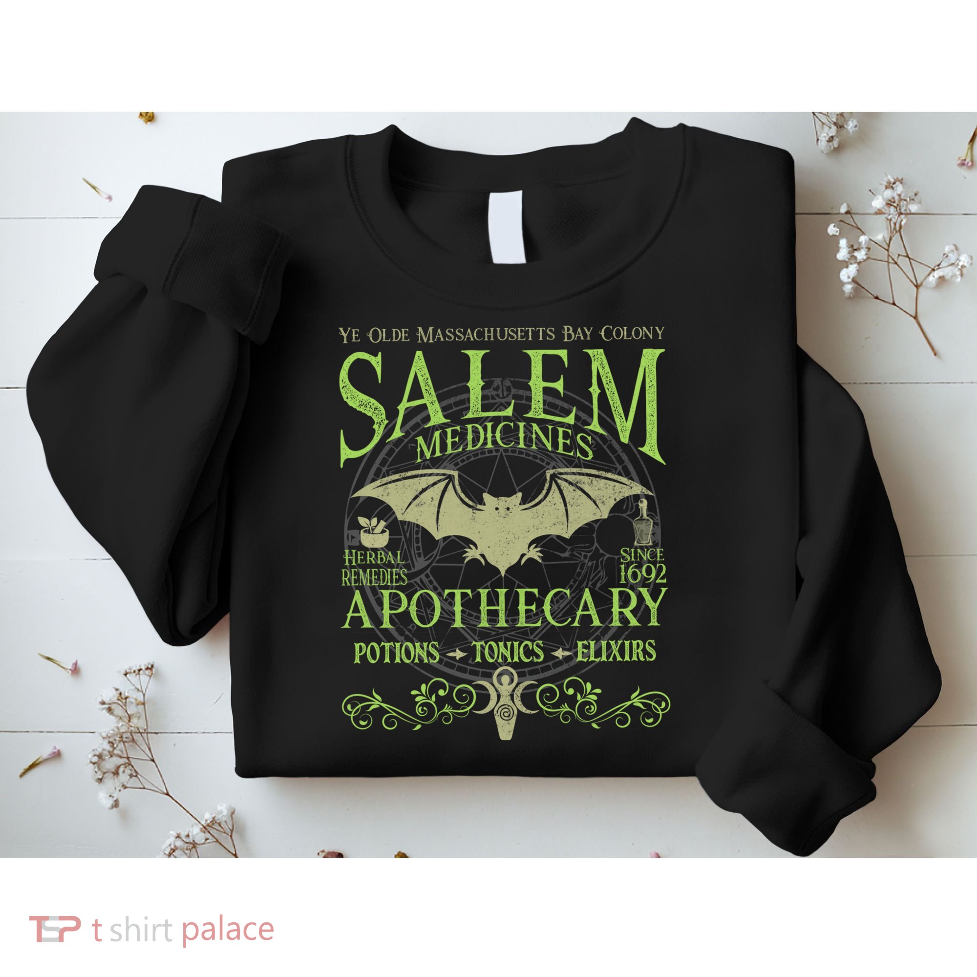 Salem Apothecary Herbalist Witch Wiccan Green Bat Sweatshirt