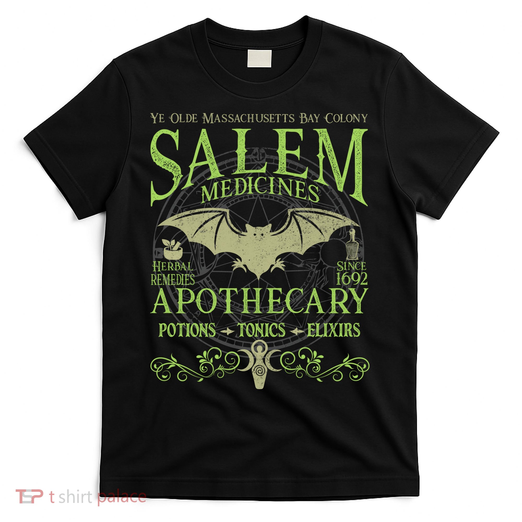 Salem Apothecary Herbalist Witch Wiccan Green Bat T-Shirt