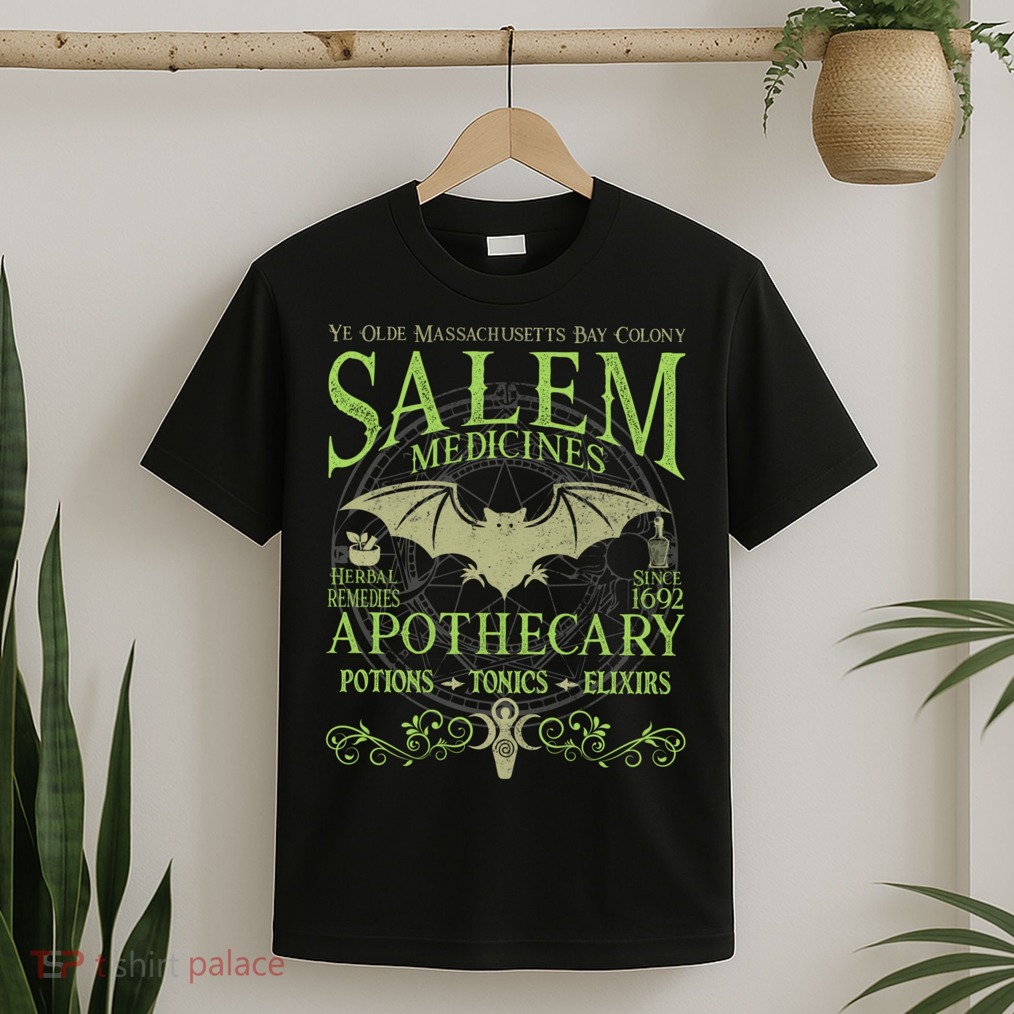 Salem Apothecary Herbalist Witch Wiccan Green Bat T-Shirt
