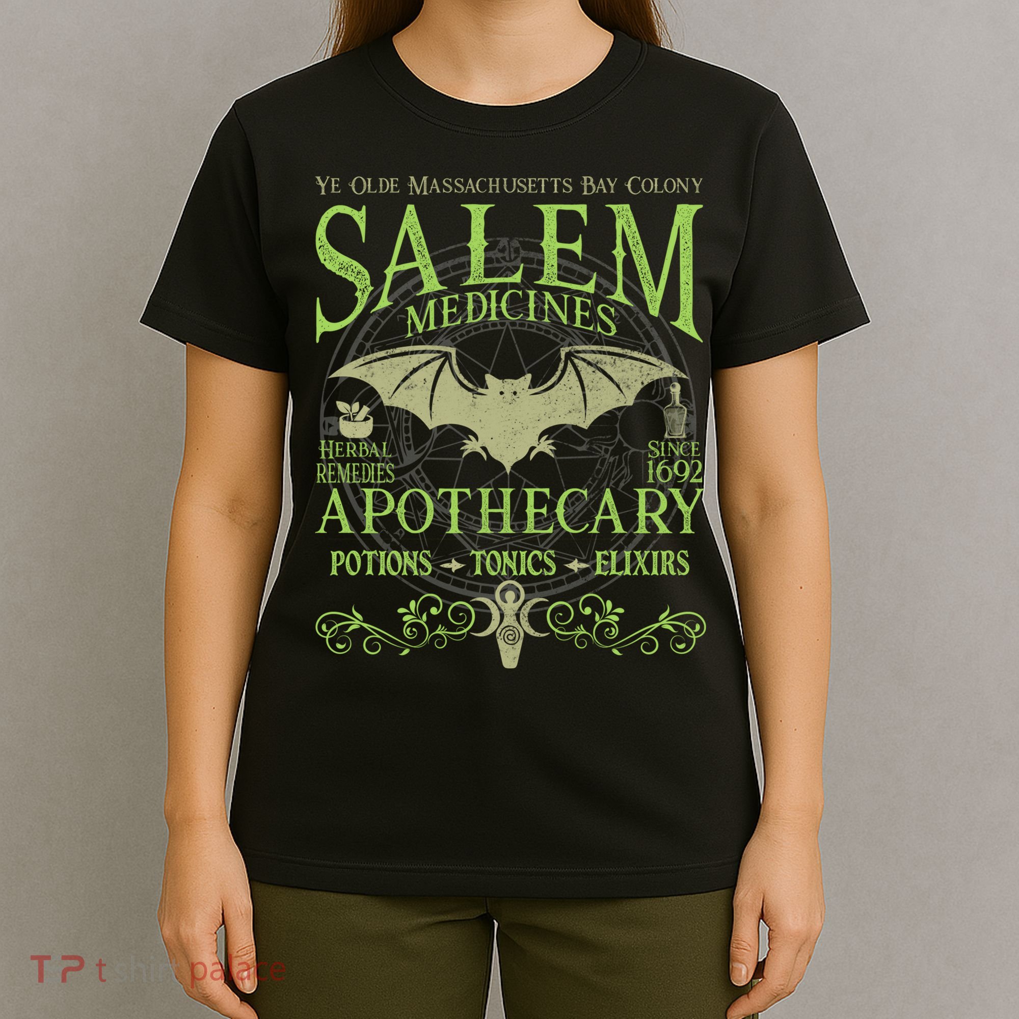 Salem Apothecary Herbalist Witch Wiccan Green Bat T-Shirt