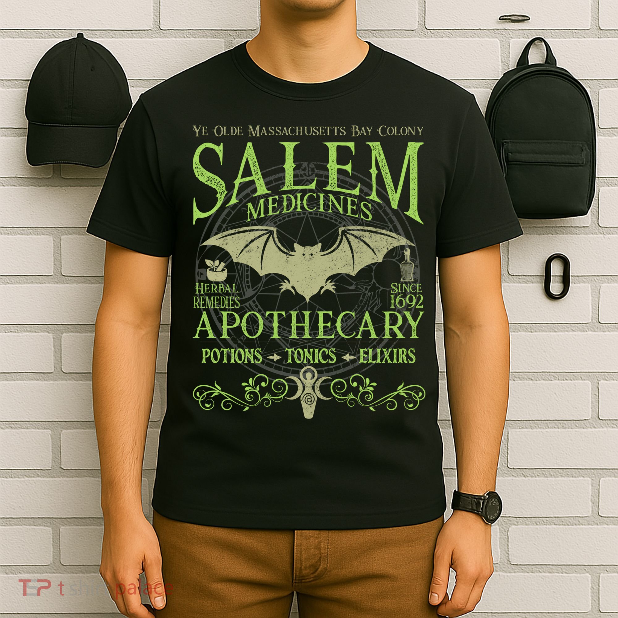 Salem Apothecary Herbalist Witch Wiccan Green Bat T-Shirt