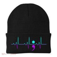 Suicide Awareness Heartbeat Happy Ribbon Support Graphic Gift Beanie thumb 0