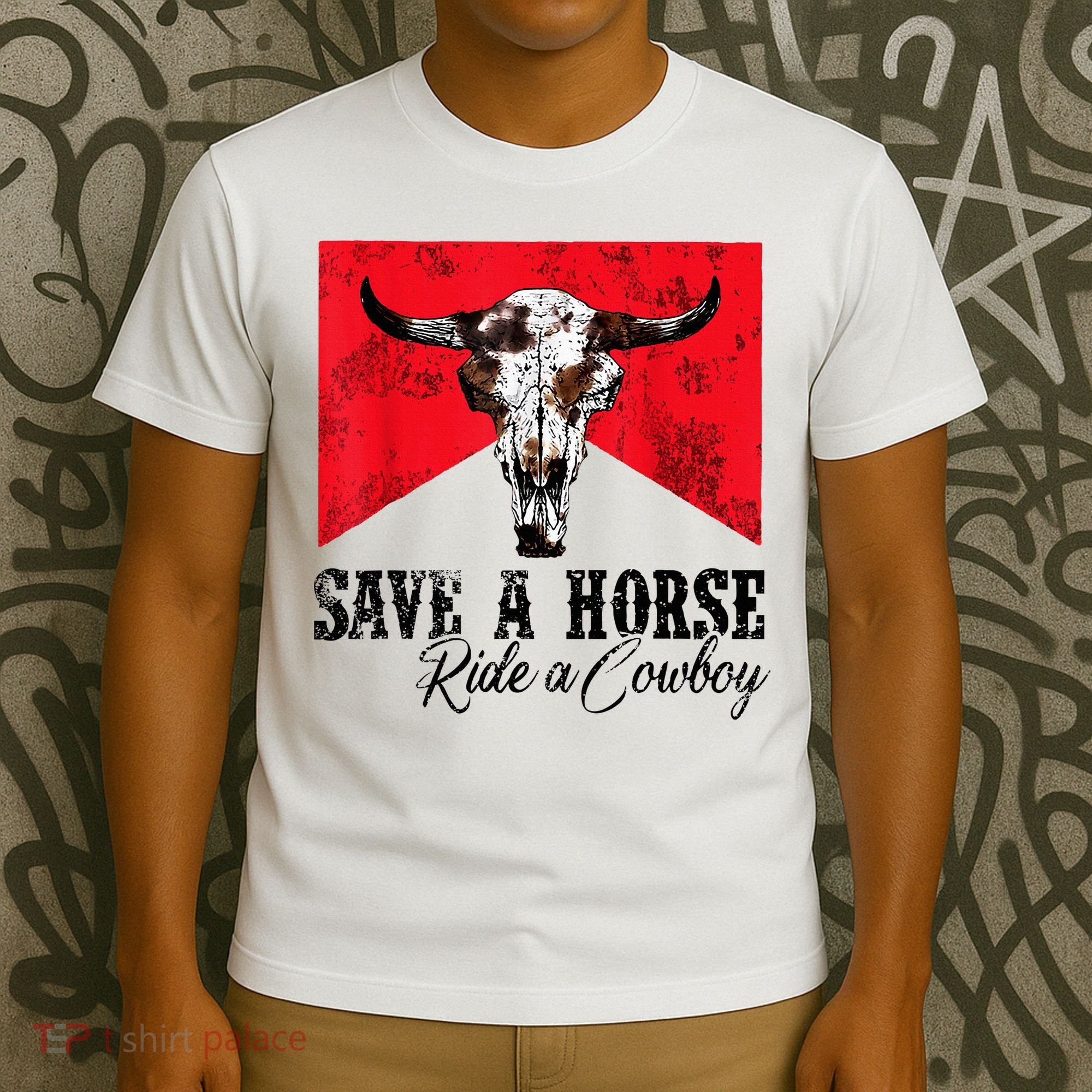 Save A Horse Ride A Cowboy Western Country Rodeo Bull Skull T-Shirt
