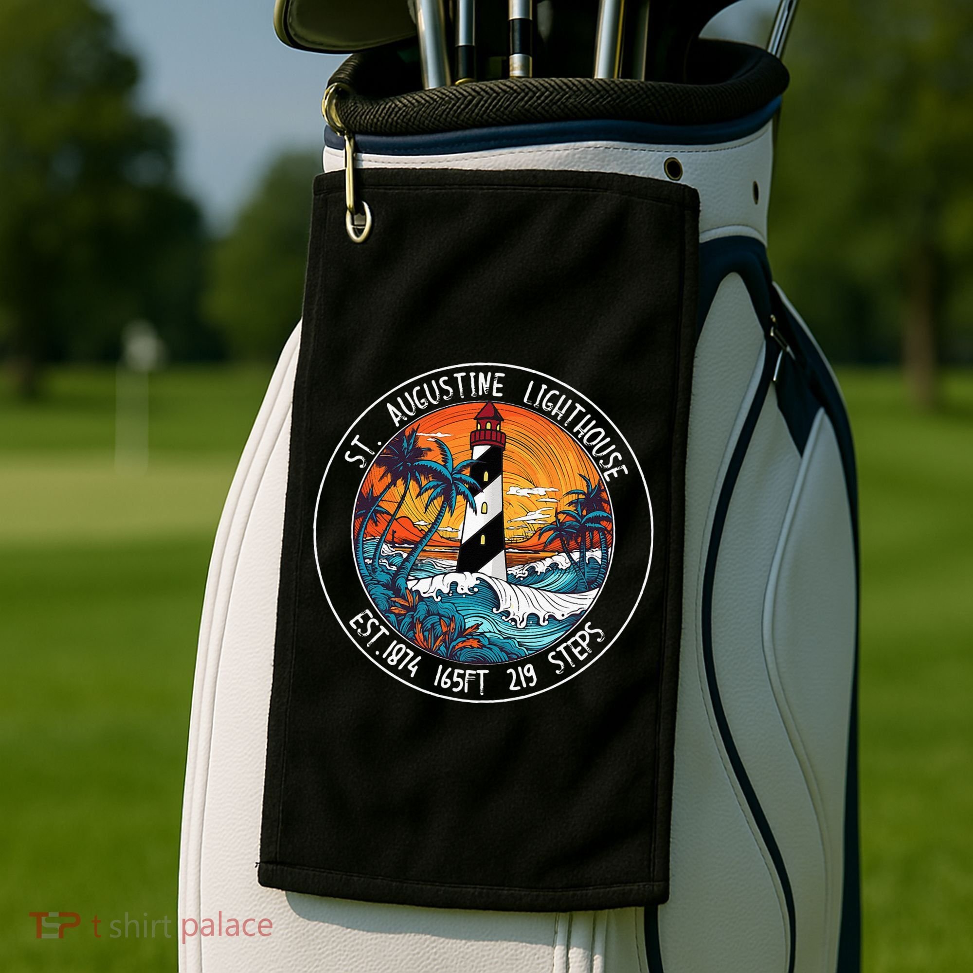St. Augustine Lighthouse Florida Retro Sunset Palm Trees Golf Towel
