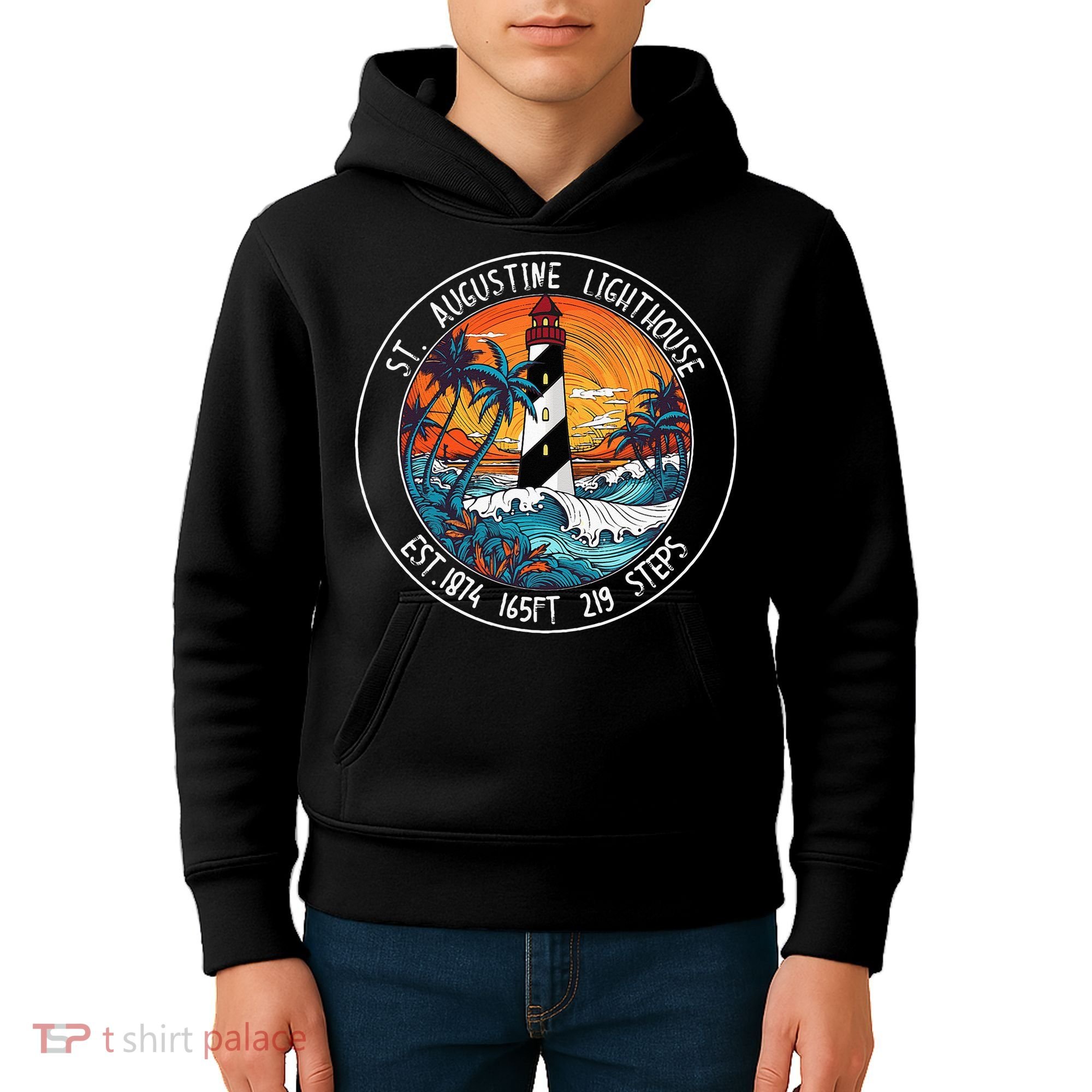 St. Augustine Lighthouse Florida Retro Sunset Palm Trees Kids Hoodie