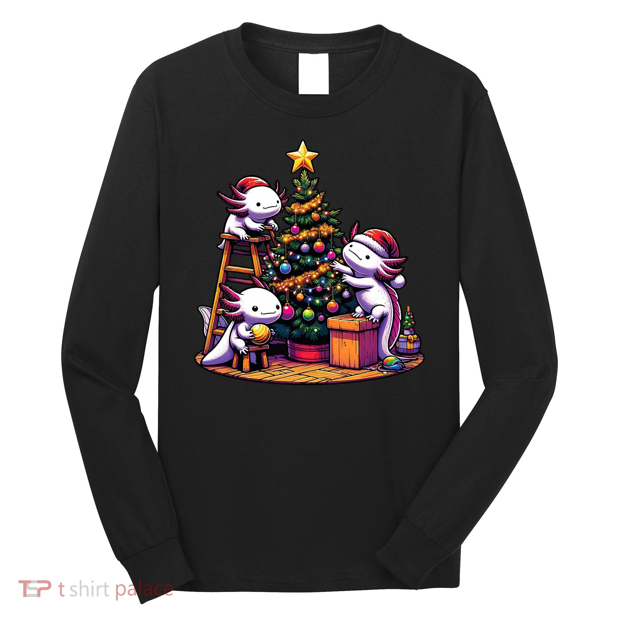 Sea Animal Lovers Kawaii Axolotl Decorating Christmas Tree Long Sleeve Shirt
