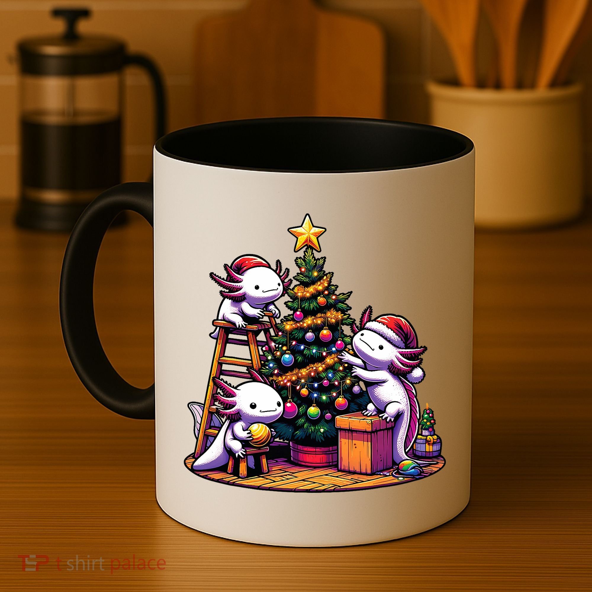 Sea Animal Lovers Kawaii Axolotl Decorating Christmas Tree Coffee Mug