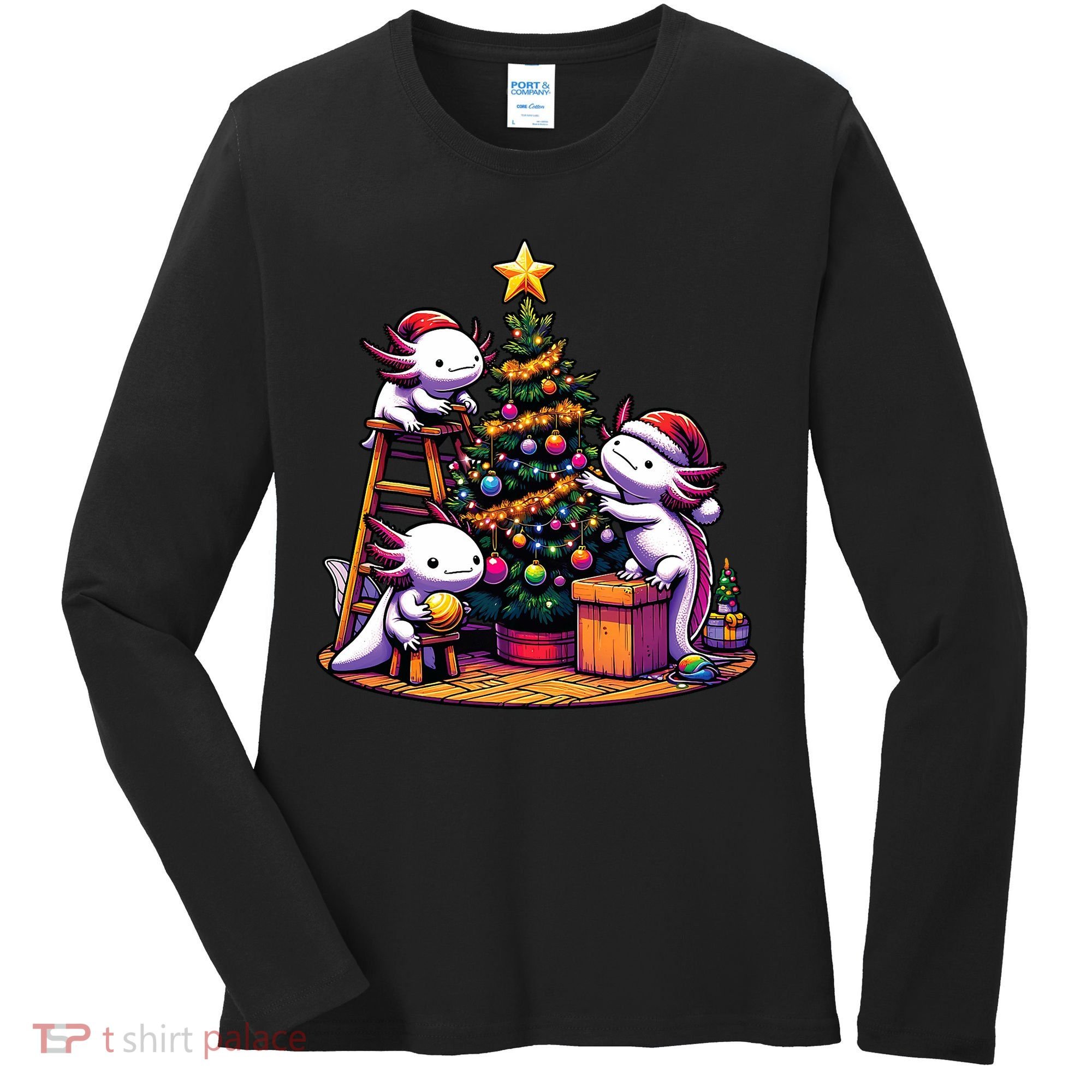 Sea Animal Lovers Kawaii Axolotl Decorating Christmas Tree Women's Long Sleeve Shirt
