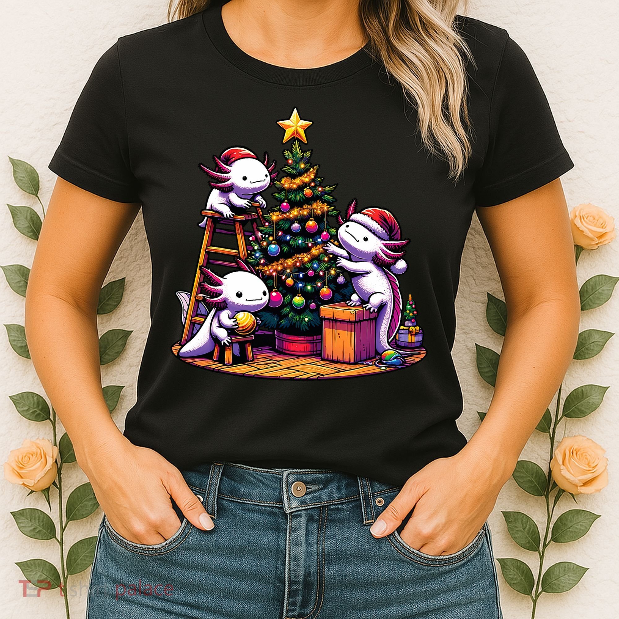 Sea Animal Lovers Kawaii Axolotl Decorating Christmas Tree Women's T-Shirt